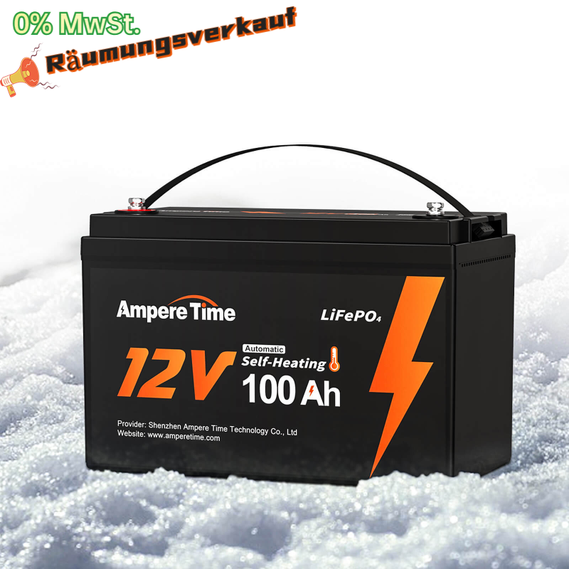 【0% Mehrwertsteuer】Ampere Time Selbsterwärmende 12V Akku 100Ah LiFePO4 Lithium-Batterie Amperetime DE