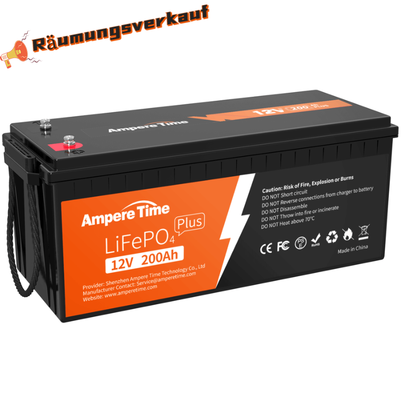Ampere Time 12V 200Ah Plus Lithium LiFePO4 Batterie, Eingebautes 200A BMS Amperetime DE