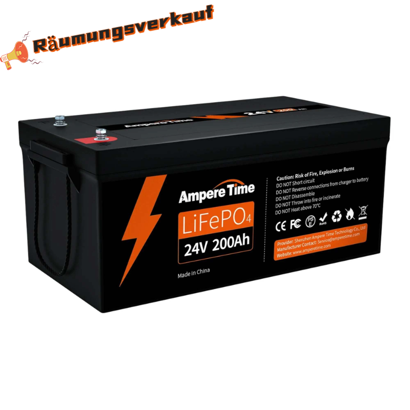 Ampere Time 24V 200Ah 5.12kWh Tife Zyklen LiFePO4 Batterie mit längerer Laufzeit, integriertem 200A BMS Amperetime DE