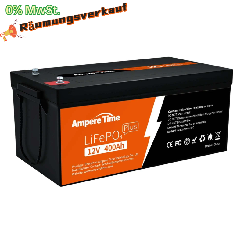 【0% Mehrwertsteuer】Ampere Time 12V 400Ah Lithium LiFePO4 Batterie Amperetime DE
