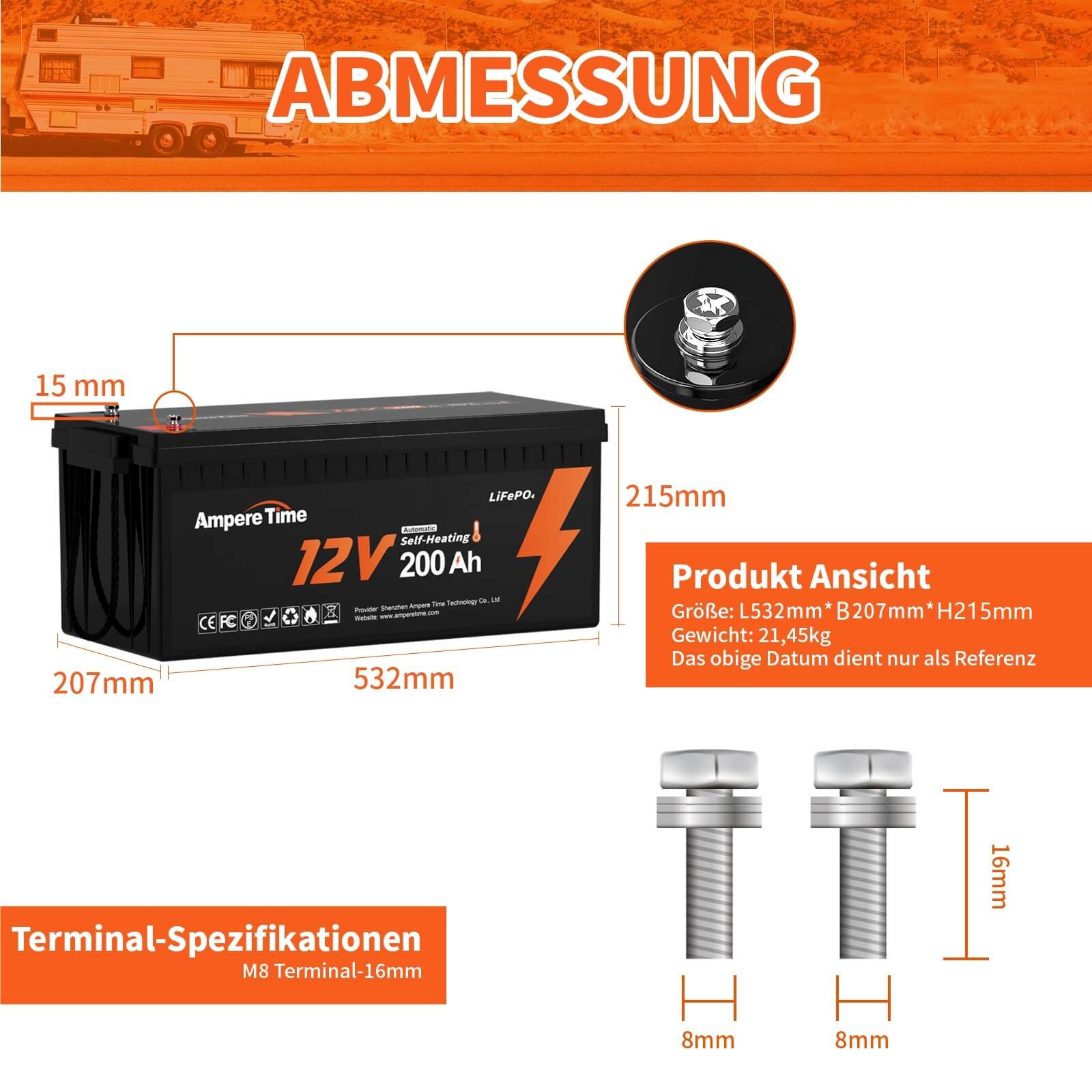 Ampere Time Selbsterwärmende 12V Akku 200Ah LiFePO4 Lithium-Batterie Unterstützung Laden bei niedriger Temperatur (-20℃) Amperetime DE
