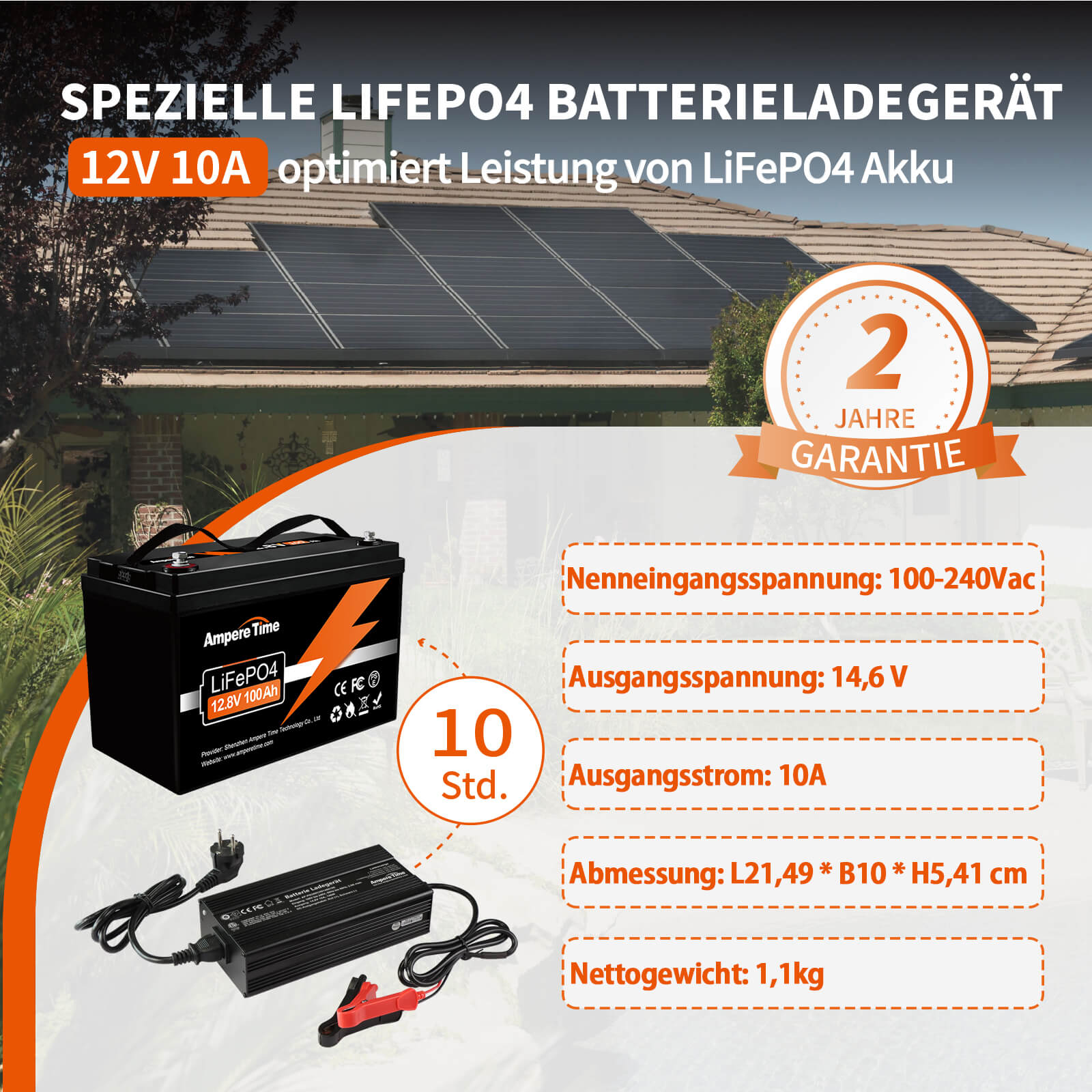 Ampere Time 14,6V LiFePO4 Batterieladegerät mit 10A Ausgangsstrom lithium Batterie 12v Amperetime DE