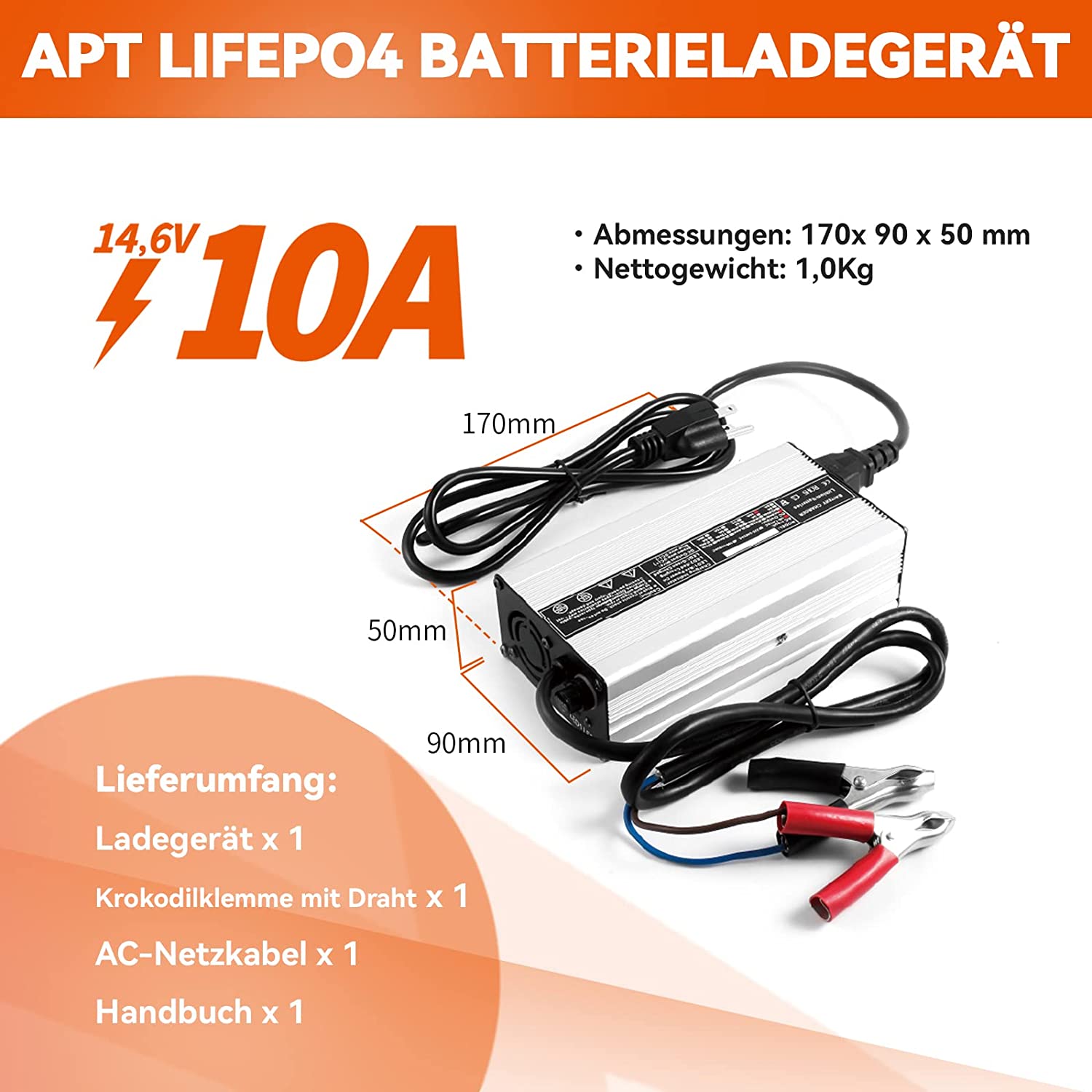 Ampere Time 14,6V 10A, Intelligentes AC-DC Batterieladegerät - Silber Amperetime DE