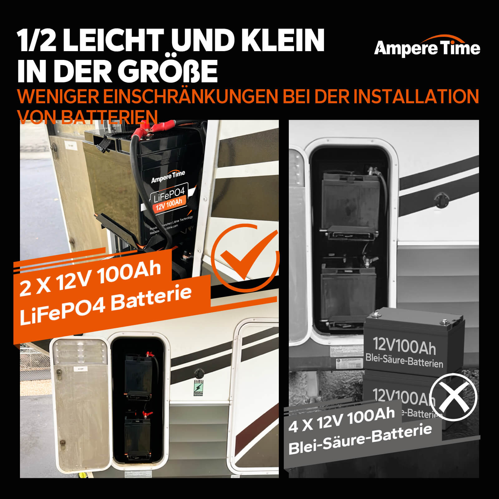 Ampere Time 12V 100Ah LiFePO4 Lithium Batterie, Perfekter Ersatz für die agm batterie Amperetime DE