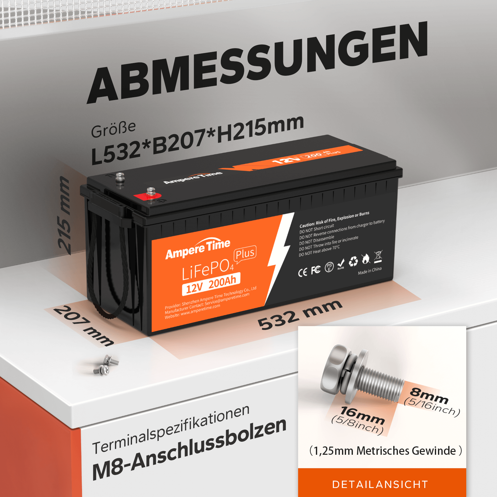 Ampere Time 12V 200Ah Plus Lithium LiFePO4 Batterie, Eingebautes 200A BMS Amperetime DE