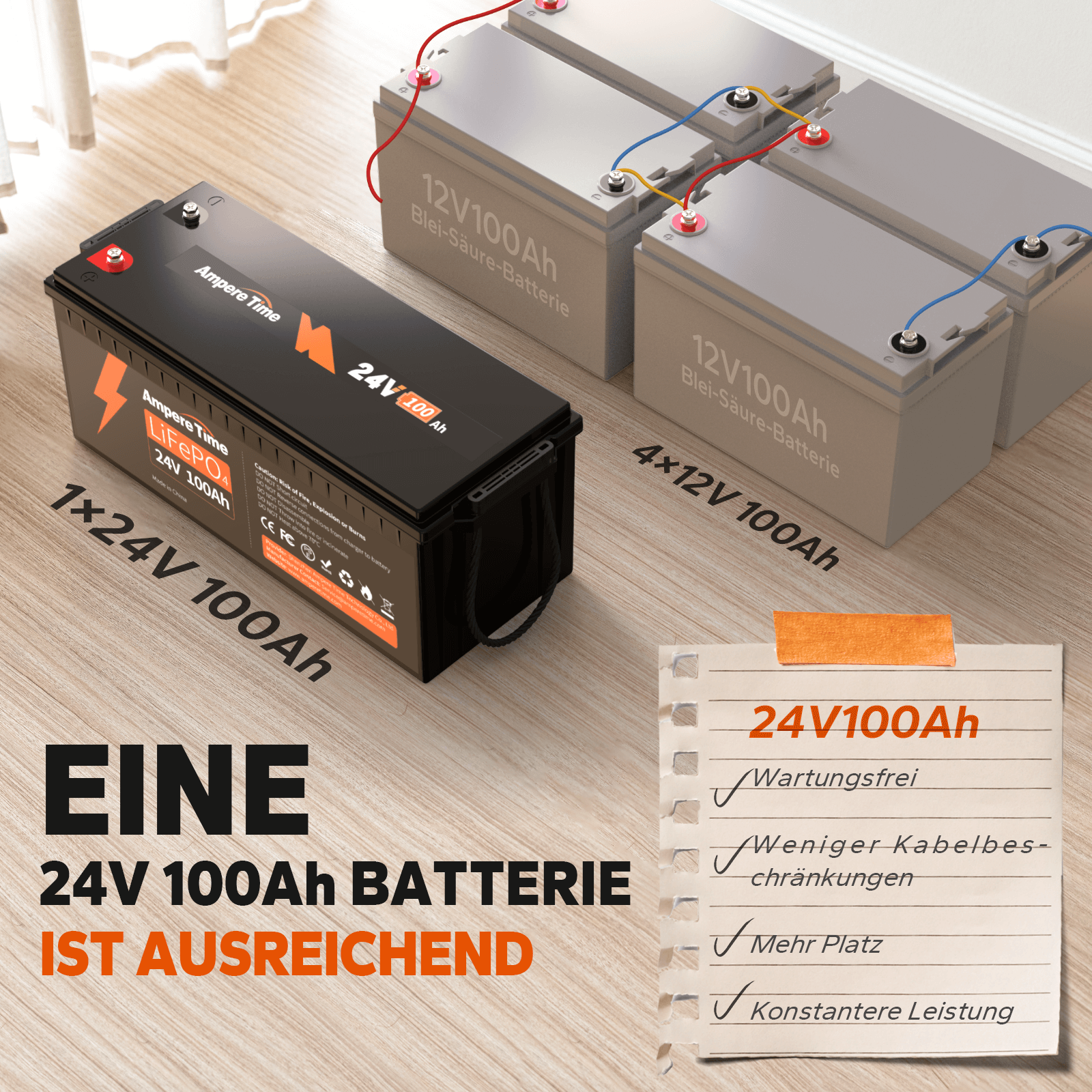 Ampere Time 24V 100Ah LiFePO4 Batterie mit 100A BMS, – Amperetime-DE