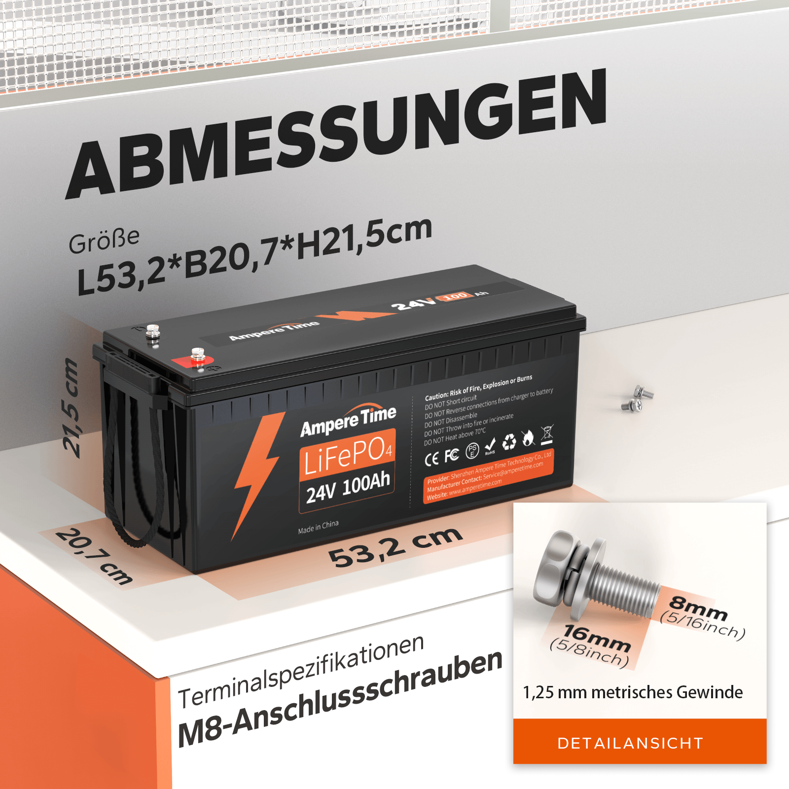 Ampere Time 24V 100Ah LiFePO4 Batterie mit 100A BMS, Max. 2560Wh Energie Amperetime DE
